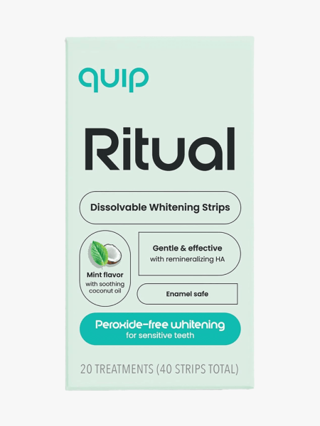 Quip Ritual Dissolvable Teeth Whitening Strips in branded component on a light gray background