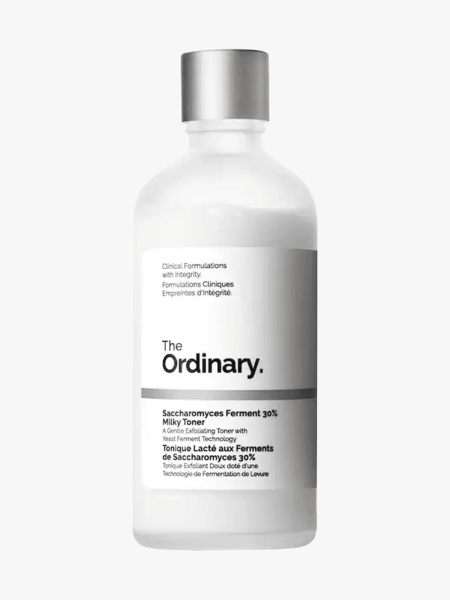 The Ordinary Saccharomyces Ferment 30% Milky Toner in branded bottle component on a light gray background