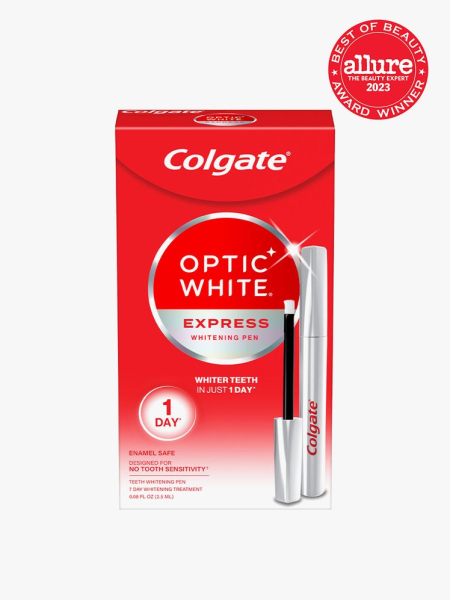 Colgate Optic White Express Teeth Whitening Pen red box on light gray background with red Allure Best of Beauty seal in the top right corner