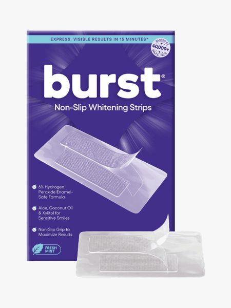 Burst Non-Slip Whitening Strips in branded component on a light gray background